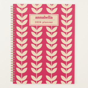 Custom Pink Retro Vibe Leaf Pattern Monogram Planner