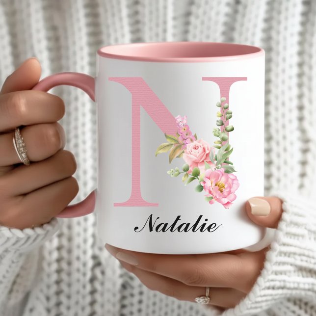 Custom Pink Rose Floral Monogram Mug Gift for Her (Personalized Floral Mug Christmas Gift for Her, Pink Rose Monogram Mug Bridal Shower Gift for Her)