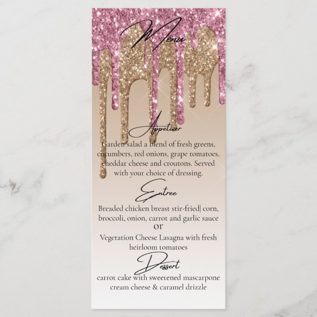 Custom Pink Rose Gold Glitter Drip Elegant Dinner Menu (Front)