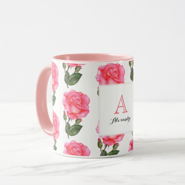Custom Pink Roses Floral Art Monogram Square White Mug (Front Left)