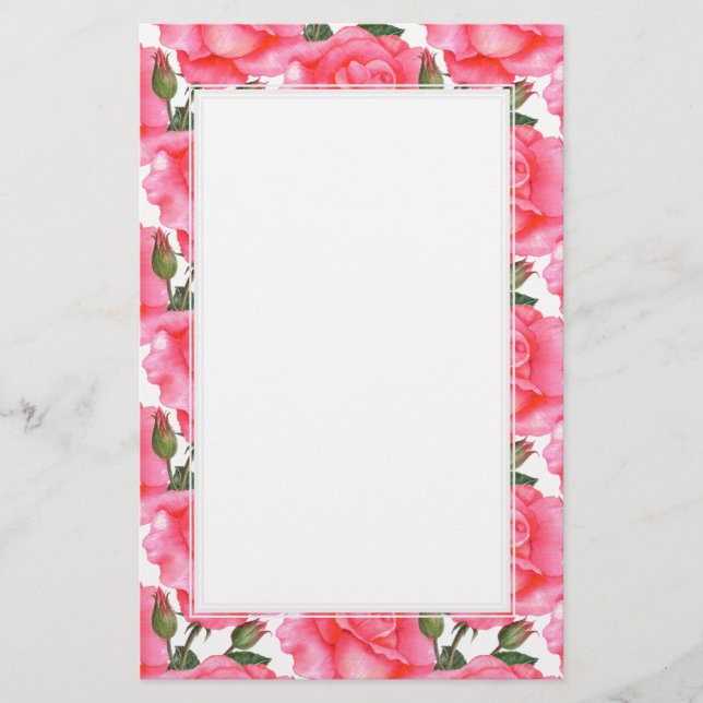 Custom Pink Roses Floral Art White Border Stationery (Front)