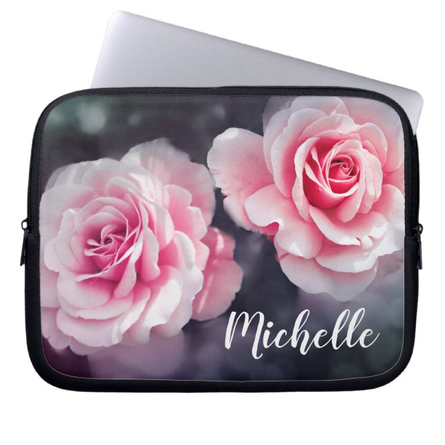 Custom Pink Roses Floral Photo Laptop Sleeve (Front)