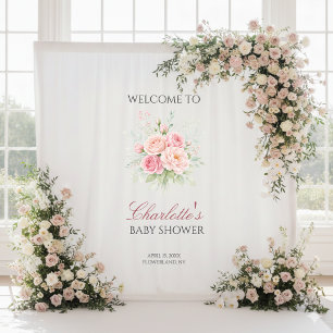 Custom pink roses girl baby shower backdrop banner tapestry