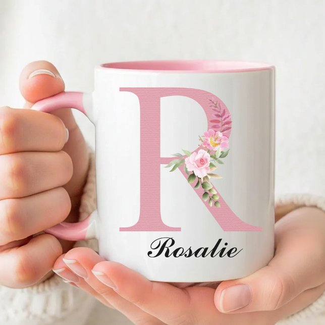 Custom Pink Roses Monogram Mug Gift for Mum, Women (Personalized Rose Mug Christmas Gift for Her, Floral Monogram Coffee Mug Thank You Gift for Her)
