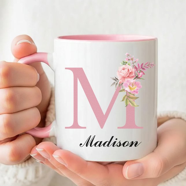 Custom Pink Roses Mug Birthday Gift for Her or Mom (Custom Pink Roses Mug Birthday Gift for Her, Rose Floral Initial Name Mug Graduation Gift for Her)
