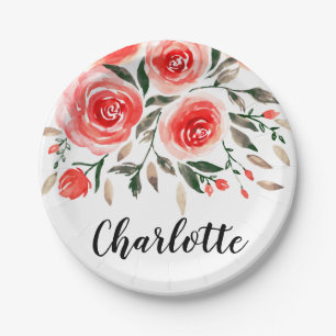 Custom Pink Roses Watercolor Floral Illustration Paper Plate