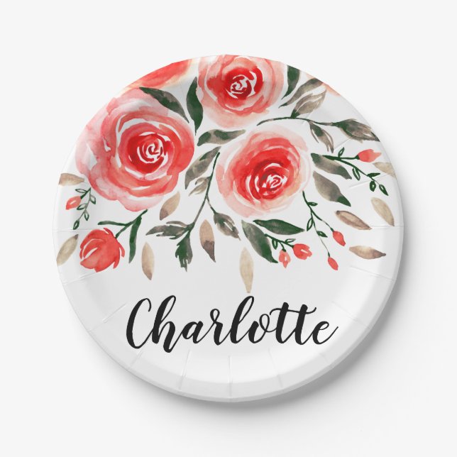 Custom Pink Roses Watercolor Floral Illustration Paper Plate (Front)