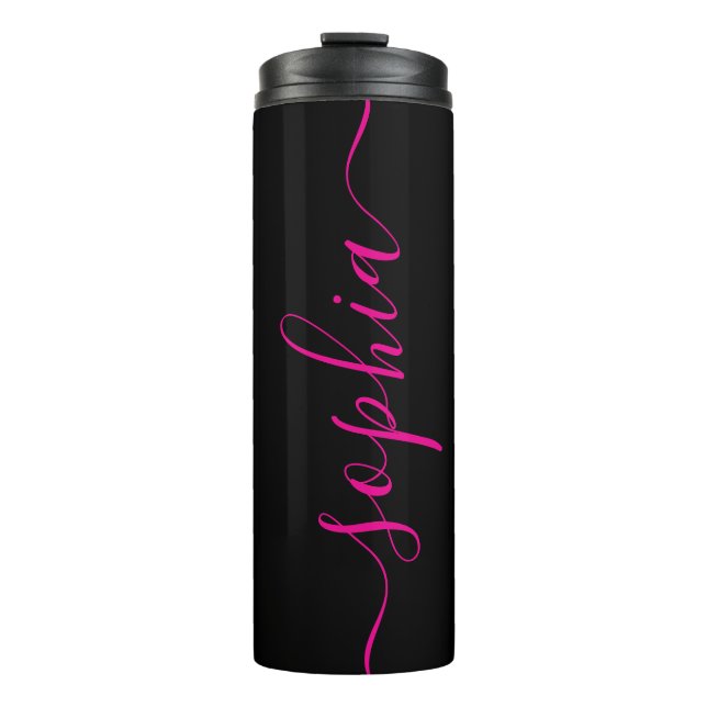 Custom Pink Script Name Black Thermal Tumbler (Front)