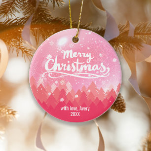 Custom Pink Snow & Forest Merry Christmas Ceramic Tree Decoration