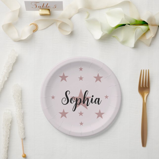 Custom Pink Star Paper Plates – Personalised Name (Wedding)