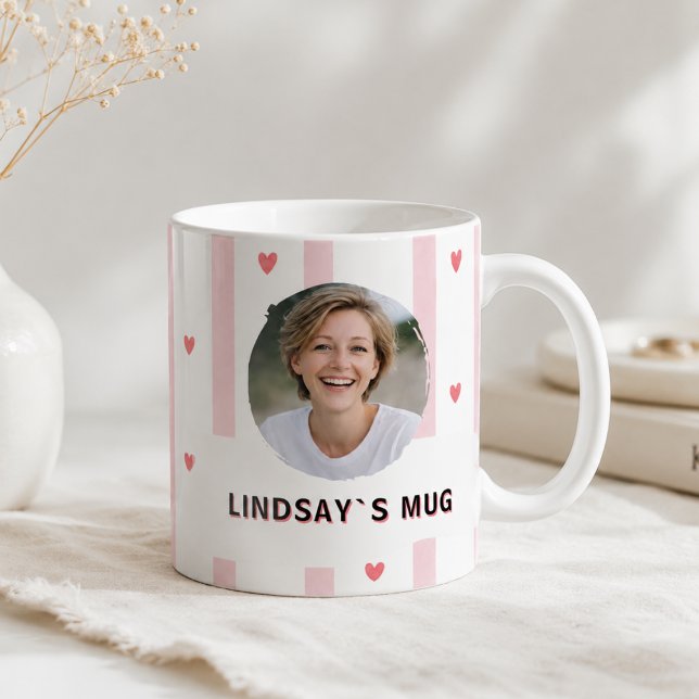 Custom Pink Stripes Heart Photo Name Mug  (Custom Photo Name Mug Pink Stripes Heart)