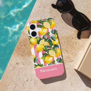 Custom Pink Stripes Summer Lemon Pattern iPhone 16 Case