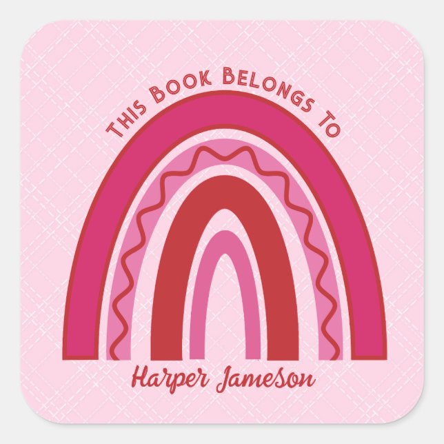 Custom Pink Toned Boho Rainbow Bookplate Square Sticker (Front)