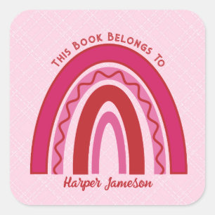 Custom Pink Toned Boho Rainbow Bookplate Square Sticker
