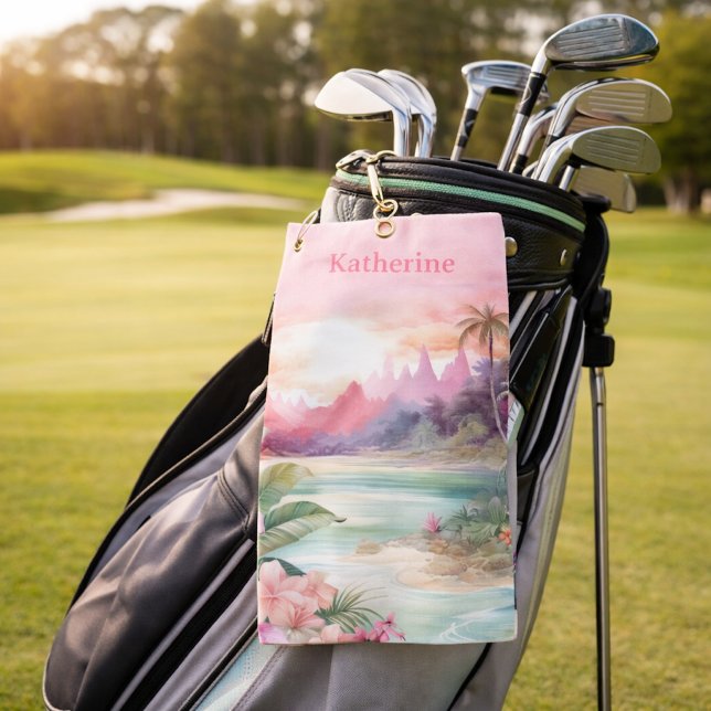 Custom Pink Tropical Beach Name Golf Towel (Creator Uploaded)