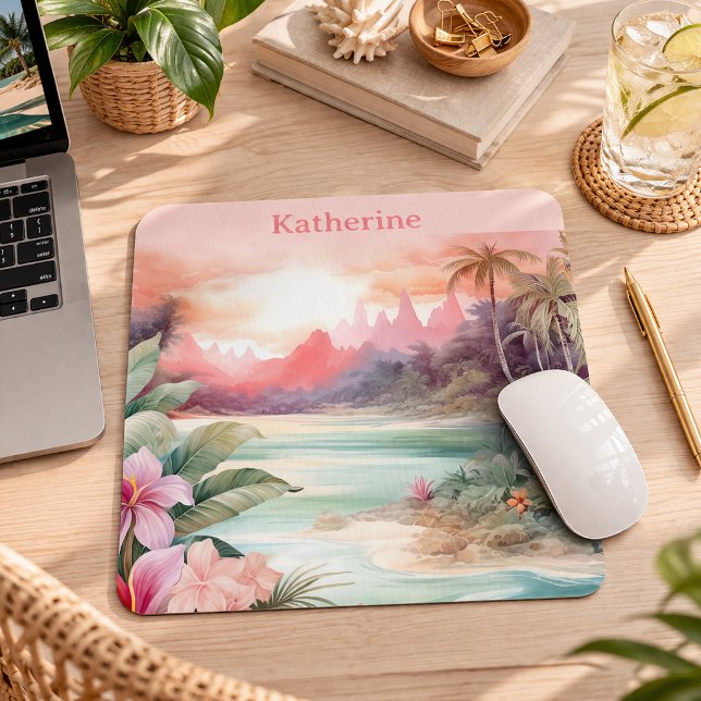 Custom Pink Tropical Beach Name Mouse Mat (Creator Uploaded)