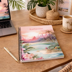Custom Pink Tropical Beach Name Notebook