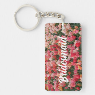 Custom Pink Tulip Garden Bridesmaid Key Chain