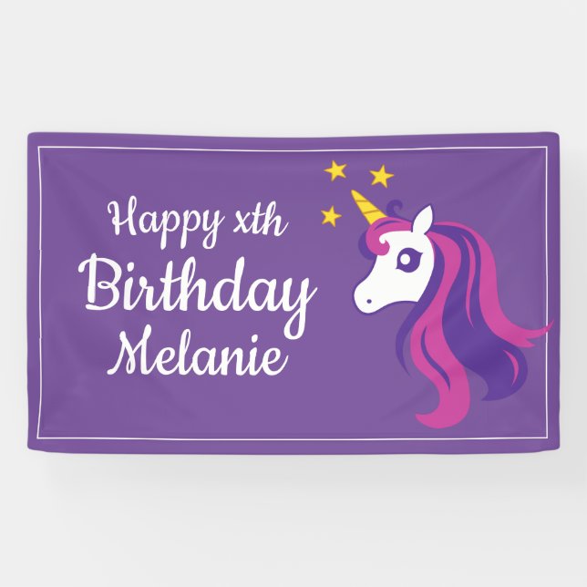 Custom pink unicorn girl's Birthday party banner (Horizontal)