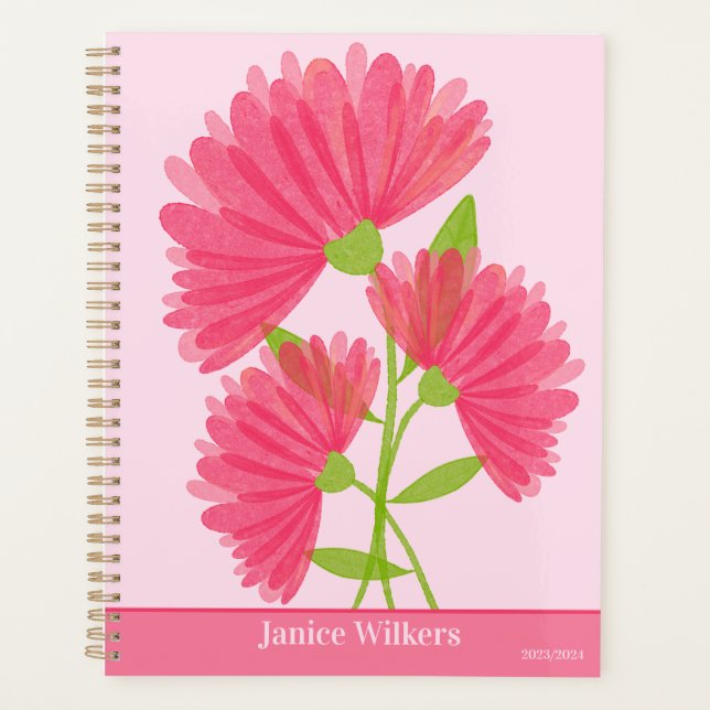 Custom Pink Watercolor Calendula Flower Design Planner (Front)
