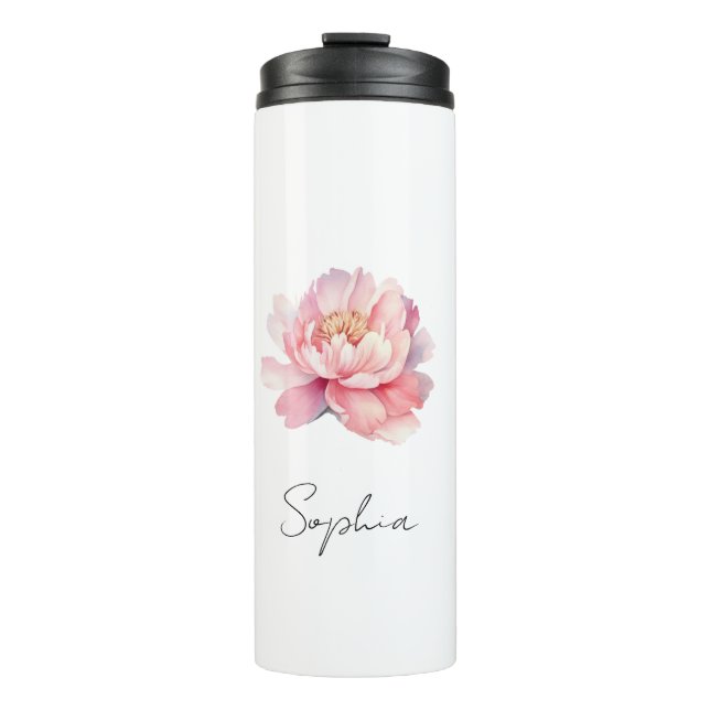 Custom Pink Watercolor Peony Thermal Tumbler (Front)