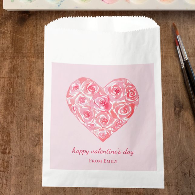 Custom Pink Watercolor Rose Heart Valentine's Day Favour Bags (Pretty pink watercolor heart custom text favor gift bag. Personalize for Valentine’s Day gifts favor)
