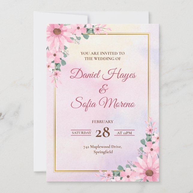 Custom Pink Watercolor Wedding Invitation (Front)