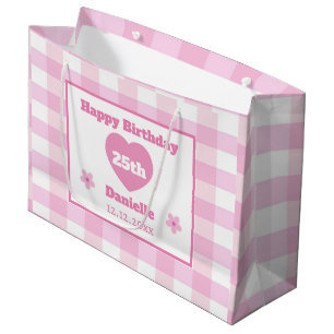 Custom Pink White Checkered Happy 25th Birthday Large Gift Bag