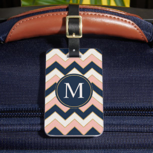 Custom Pink White Dark Navy Blue Chevron Pattern Luggage Tag