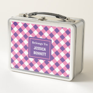 Custom Pink White Purple Checkered Pattern Kid's Metal Lunch Box