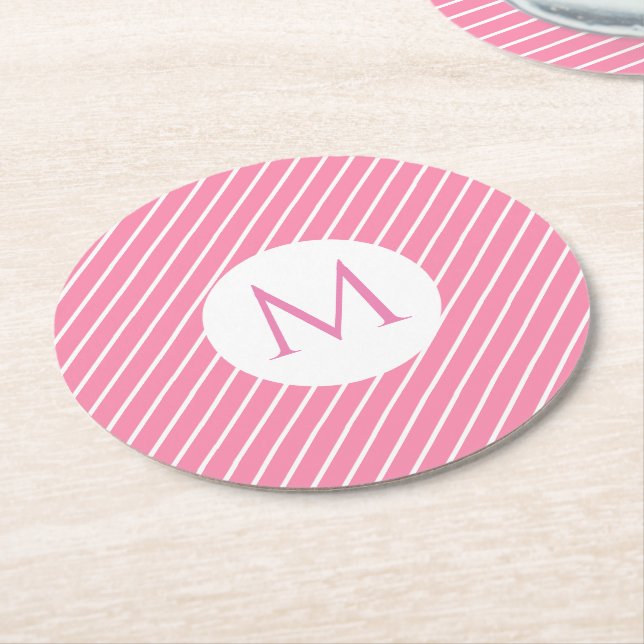 Custom Pink White Stripes Trendy Monogram Modern Round Paper Coaster (Angled)