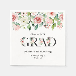 Custom Pink & White Watercolor Floral Grad Party  Napkin