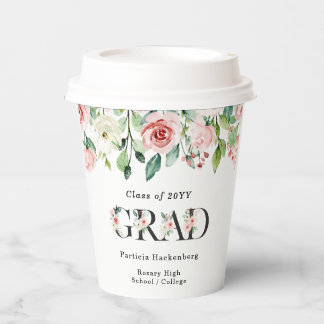 Custom Pink & White Watercolor Floral Grad Party  Paper Cups