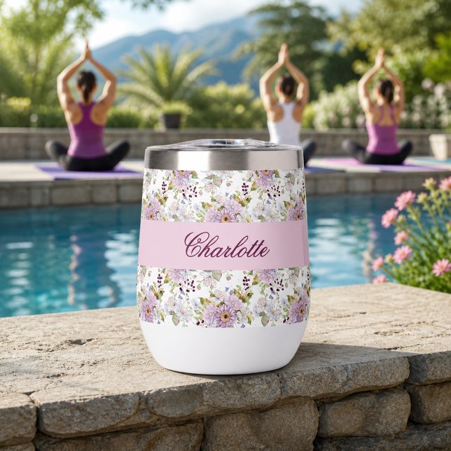 Custom Pink Wildflower Name Script Floral (Custom Pink Wildflower Name Script Floral Thermal Wine Tumbler)