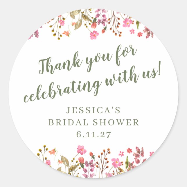 Custom Pink Wildflowers Bridal Shower Thank You Classic Round Sticker (Front)