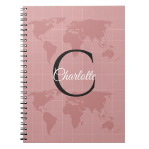 Custom Pink World Map Monogram Name Luxury Gift Notebook