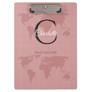 Custom Pink World Map Monogram Name Office Desk Clipboard