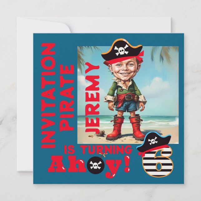 Custom Pirate 6th Birthday Boy Caricature  Invitation (Front)