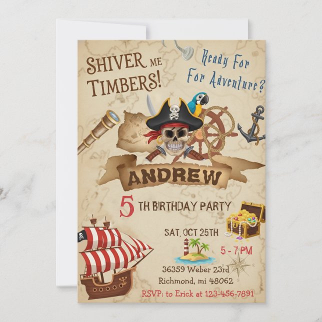Custom Pirate Party Birthday Card Invitation  (Front)