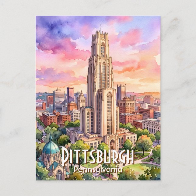 Custom Pittsburgh Cathedral of Learning Watercolor Postcard (Front)