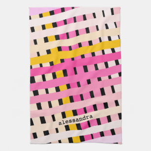 Custom Plaid Gradient Pink Yellow Black Striped Tea Towel