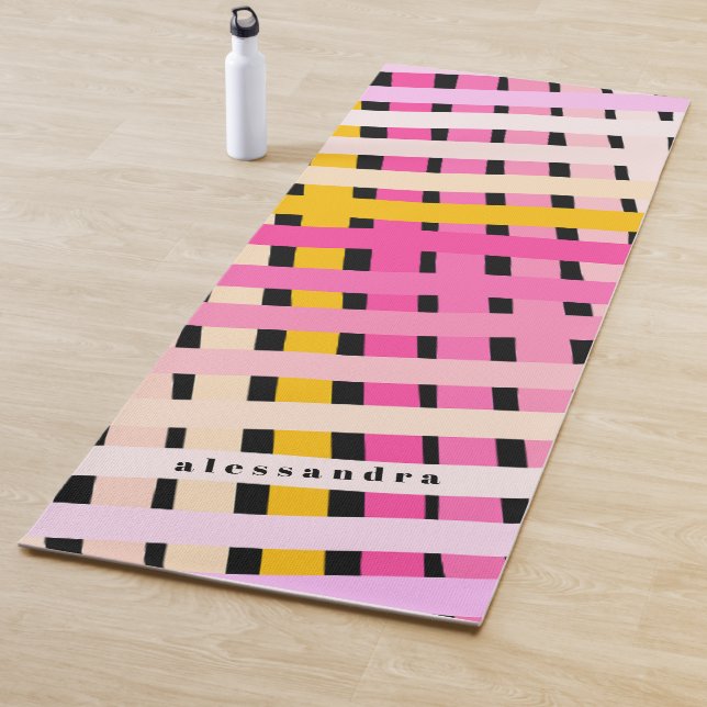 Custom Plaid Gradient Pink Yellow Striped Black Yoga Mat (In Situ)