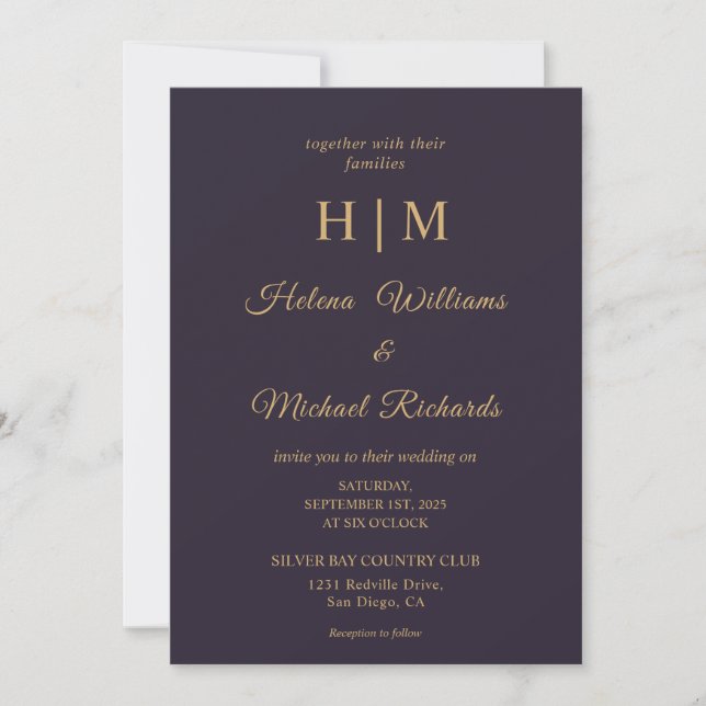 Custom Plain Dark Navy Blue Gold Letter Wedding Invitation (Front)
