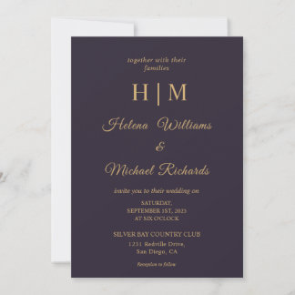 Custom Plain Dark Navy Blue Gold Letter Wedding Invitation