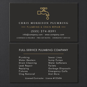 Custom Plumber Dark Elegant Black & Gold  Business Card