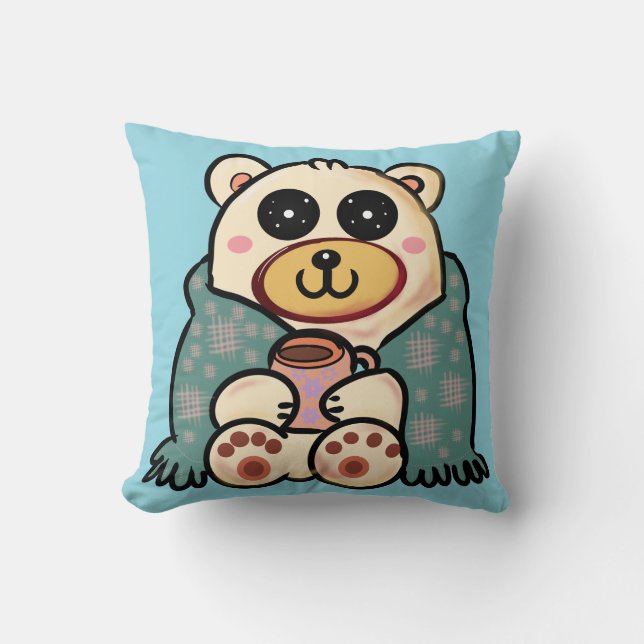 Custom Polar Bear with Coffee | Cute Winter Art Cushion (Front)