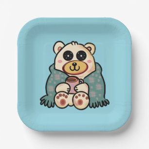Custom Polar Bear with Coffee   Cute Winter Art Paper Plate
