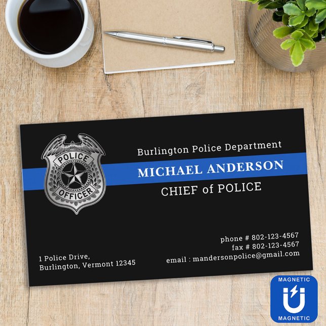 Custom Police Department Thin Blue Line Flag Logo Magnetic Business Card (Creator Uploaded)