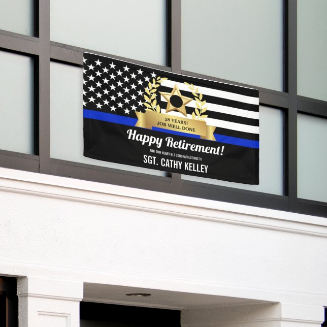 Custom Police Flag Thin Blue Line Happy Retirement Banner (Outside Building)