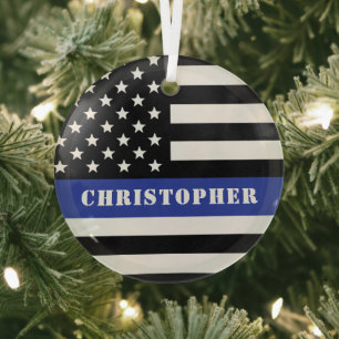 Custom Police Officer Thin Blue Line Police Dept. Glass Tree Decoration